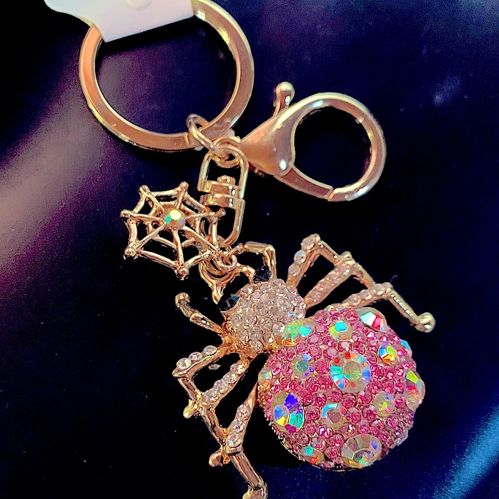 Pink Rhinestone Spider Keychain